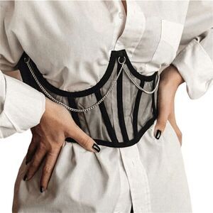 🖤 Sexy Black Mesh Splice Chain Detail Waist Cincher Corset with Steel Bones NEW